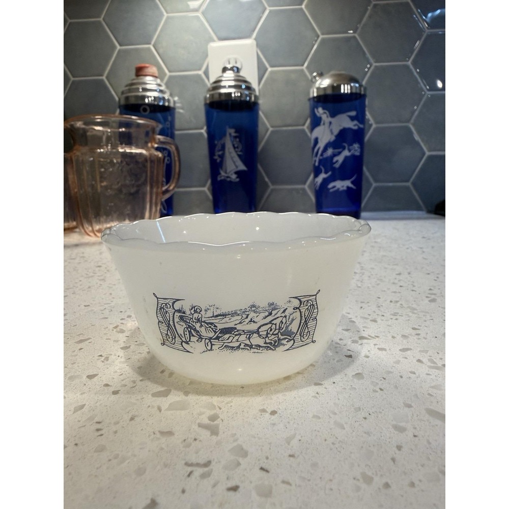 Anchor Hocking Fire King Currier and Ives 3 3/4" Custard Bowl Cup Glass
